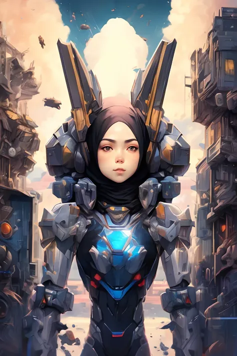 Malay girl in hijab, holographic, detailed, masterpiece, best quality, mecha, no humans, black armor, blue eyes, science fiction, fire, laser canon beam, war, conflict, destroyed city background