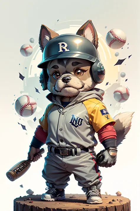 C4tt4stic, Scene where the ball hits the bat、Baseball player cartoon miniature schnauzer dog wearing helmet in uniform（Body hair is light gray、Details of the appearance of the Miniature Schnauzer）