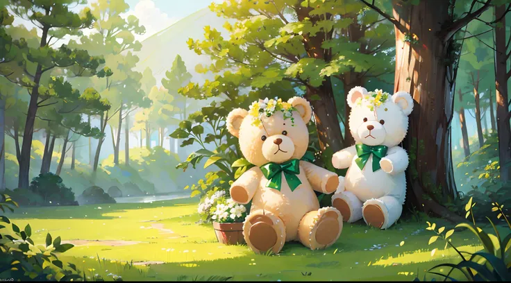 Teddy bear, hugging a white teddy bear, smiling, beautiful forest in the background, floating brown cookies in the background, green background, brown background 8k, masterpiece