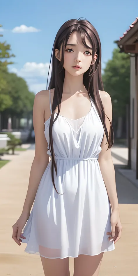 kaori brown long, brown hair, beautiful face, blue sky background, casual dress, bare shoulder,bare belly,huge breast,extremely ...