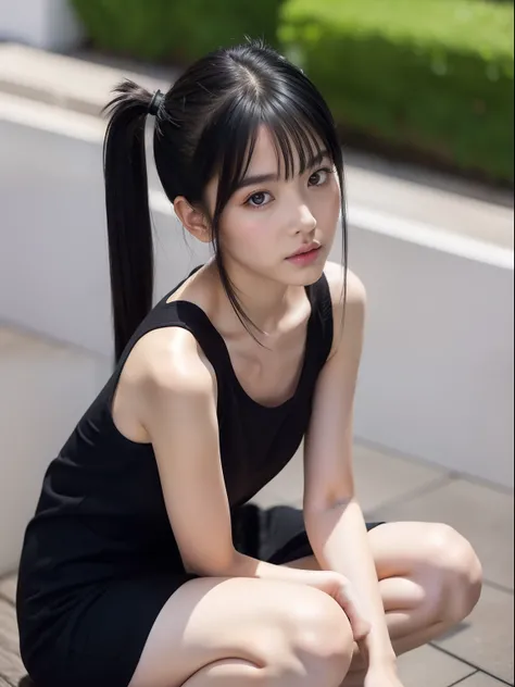 Knees，small tits，Sleeveless，T-Shirt Dresses，年轻，Twintails with black hair，delicate and petite body