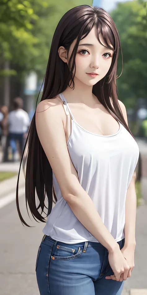 kaori brown long, brown hair, beautiful face, smile ,blush,blue sky, on the street, casual dress, jeans ,bare shoulder,bare bell...