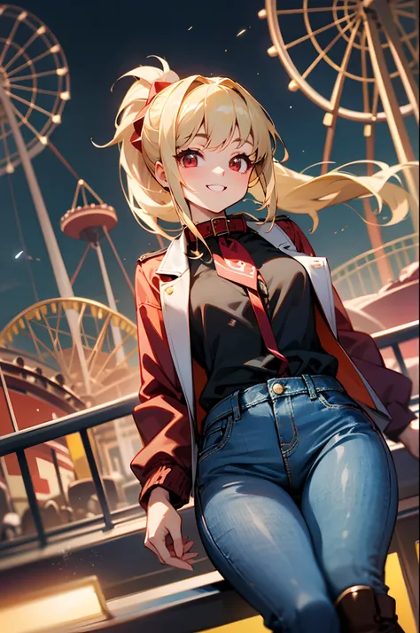 Beautuful Women、 Young handsome girl, small tits, Blonde Hair Ponytail、Red Eyes:1.2, Sexy Girl, professional attire:1.3, 18 years old: 1.1, Detailed Red Riders Jacket:1.2、Blue collar shirt, Skinny denim pants:1.2, Leather boots, Beautiful detailed skin, Cu...