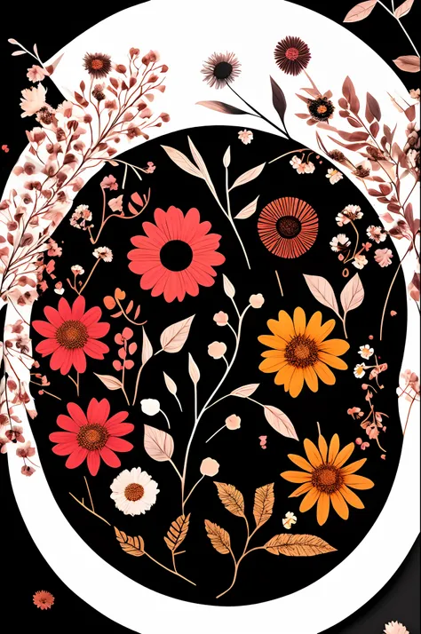 there is a black circle with flowers on it and leaves, surrounded flower, made of flowers, dark flowers, with a black background, on a flat color black background, nature and floral aesthetics, made of flowers and leaves, on a black background, made of col...