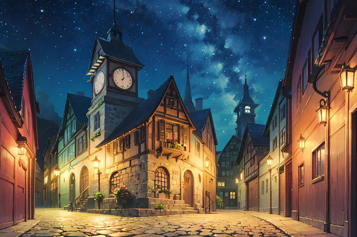 in the style moving castle, scenery, ((night)), town