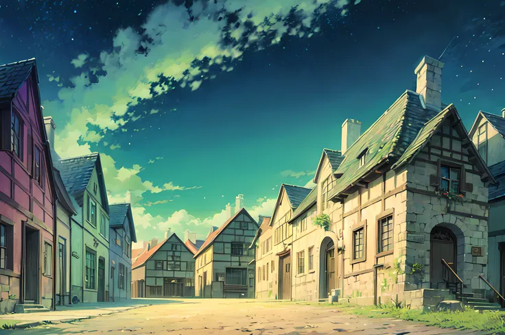 in the style moving castle, scenery, ((night)), town