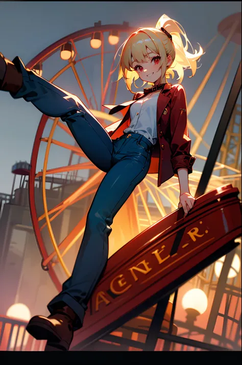 Beautuful Women、 Young handsome girl, small tits, Blonde Hair Ponytail、Red Eyes:1.2, Sexy Girl, professional attire:1.3, 18 years old: 1.1, Detailed Red Riders Jacket:1.2、Blue collar shirt, Skinny denim pants:1.2, Leather boots, Beautiful detailed skin, Cu...