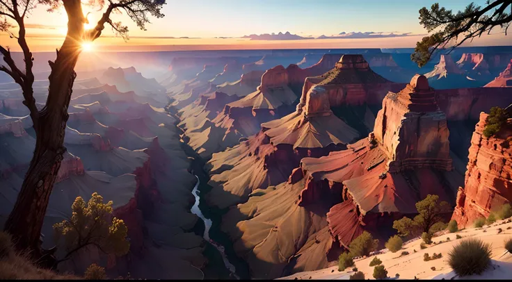 ((photo)), ((best quality)), ((masterpiece)), ((detailed)), ((cinematic), grand canyon inside forest, plains, farms, stone road,...