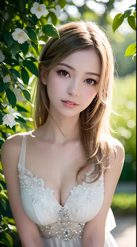 (Best quality,4K,A high resolution,Ultra-detailed,Realistic:1.37),Vivid colors,Sunlight,llight rays,bergamot,white blossoms,Beautiful girl,Exquisite features,Flowing hair,Serene expression,Garden setting,Elaborate dress,Soft sunlight,Gentle breeze,Cheerful...