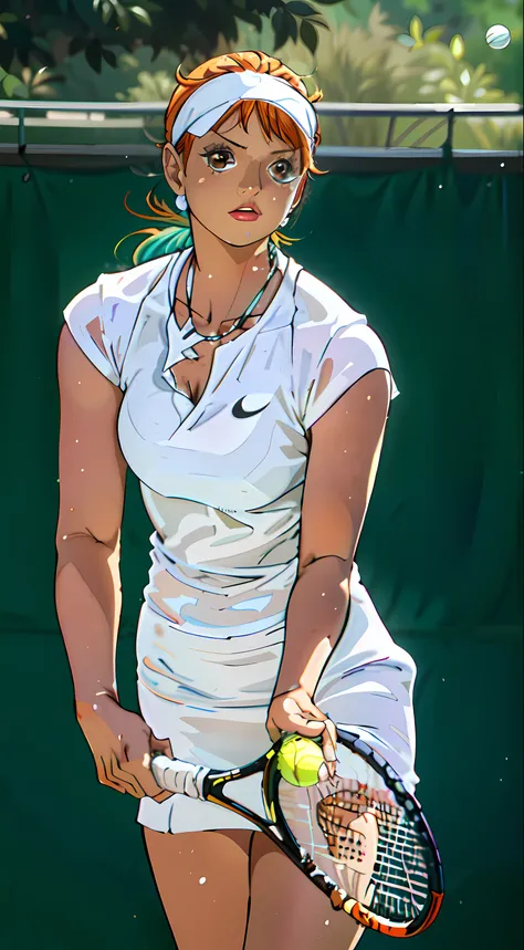 masterpiece, best quality, high resolution, ultra detailed face, nami (one piece), a female tennis player holding a racket and ball on a court, long hair, orange hair, white dress