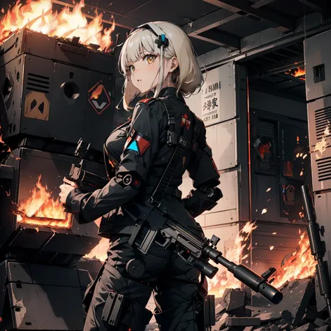 (Female soldier with a strong body)、(((Fire machine guns to destroy military robots:1.4)))、独奏:1.4、(Black combat uniform)、(platinum-blonde-hair:1.2)、Have multiple weapons、rubble、((超A high resolution))、Detail Write、​masterpiece、top-quality、extremely details ...