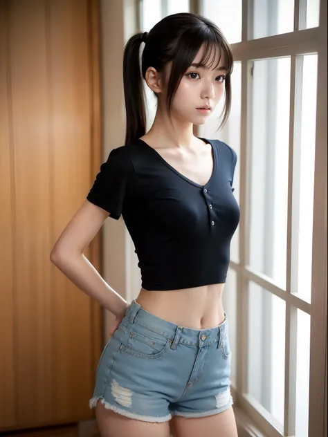 Looks Back，年轻，(shortpants)，tshirts，teens girl，Delicate body，petite body，Delicate body，small tits，tiny chest，Short，A dark-haired，Twin-tailed，poneyTail，jail