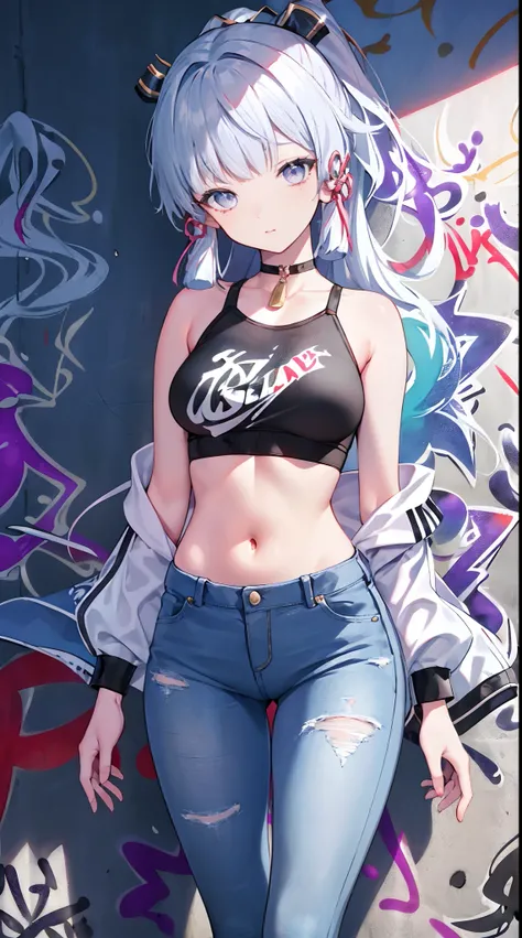 kamisato ayaka|genshin impact, master-piece, bestquality, 1girls,30 years old, proportional body, Big legs, Beautiful, proportional., crop top, Long Jeans, mediuml breasts, ,bara, crop top, choker, (Graffiti:1.5), Splash with purple lightning pattern., arm...