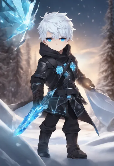 1boy, short white hair, wearing black jacket, wearing ice armor, glowing blue eyes, snowy, masterpiece, serious, ice, crystal, frown, fighting, chibi