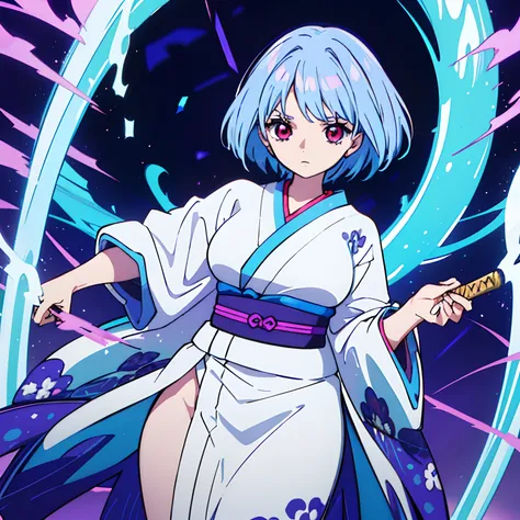 masutepiece, Fine detail, 4K, 8K, 12K, Solo, 1 person, Beautiful Girl, A MILF、Caucasian Woman, Light blue hair、short-hair、waved hair、Red Eyes、Unclear、17 age、Black kimono、Hold the purple sword、battle posture、Purple effect