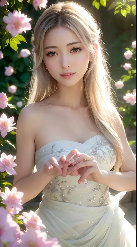 (Best quality,4K,A high resolution,Ultra-detailed,Realistic:1.37),Vivid colors,Sunlight,llight rays,bergamot,white blossoms,Beautiful girl,Exquisite features,Flowing hair,Serene expression,Garden setting,Elaborate dress,Soft sunlight,Gentle breeze,Cheerful...