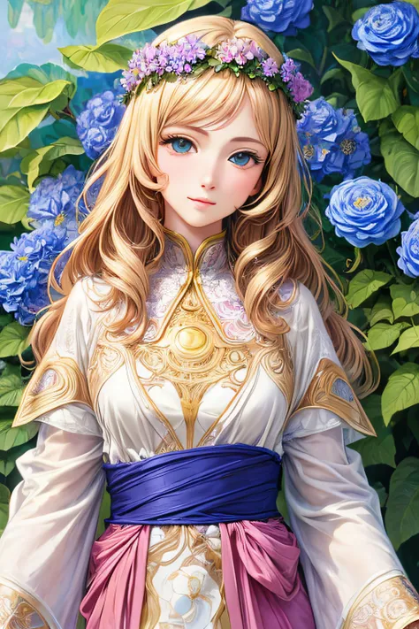 (masterpiece, best quality, ultra detailed:1.2), (detailed clothes, clear eyes, lustrous skin, realistic textures, anime)
, (loli, young girl, child-like face), (Goddess of Flowers)
, (background by art nouveau, human drawn by Krenz Kchart, curvaceous beau...