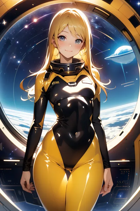 (masterpiece, best quality:1.2), (cowboy shot:1.1), solo, 1girl, mori yuki, slight smile, closed mouth, looking at viewer, blonde hair, thigh gap, yellow bodysuit, skin-tight, perfect body, belt, large window, (starship porthole:1.3), from front, (spread l...