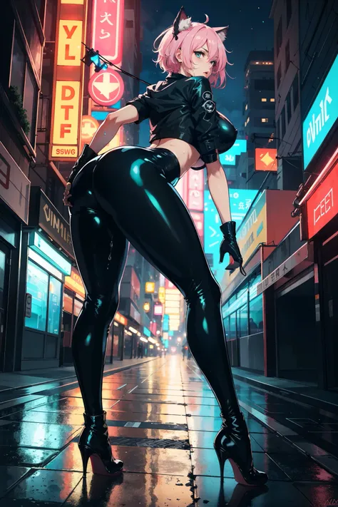 ((mature adult tall woman, mature_face)), (glowing aqua eyes), cat ears, narrow waist, gradient (pink hair), large breasts, large areolae, (oily skin) ,              


thick thighs, thicc, (((tight latex leggings))),

short high cut pink hair, hair betwee...