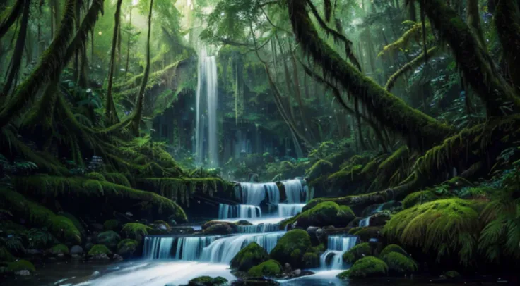 painting of a waterfall in a forest with moss and rocks, environmental concept art, highly realistic concept art, stunning concept art, environment concept art, stunning! concept art, beautiful concept art, mysterious jungle painting, realistic fantasy pai...