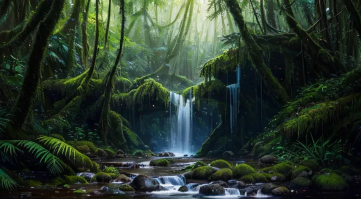 painting of a waterfall in a forest with moss and rocks, environmental concept art, highly realistic concept art, stunning concept art, environment concept art, stunning! concept art, beautiful concept art, mysterious jungle painting, realistic fantasy pai...