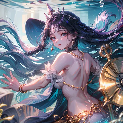 melhor qualidade, high resolution, (super detalhado), 1 girl, sozinho, maduro, sereia (extremely long and braided black hair), Head Accessories, brincos, pearls necklace, elegante, Holy, Colouring, Maior detalhe, underwater, Floating and messy hair in the ...