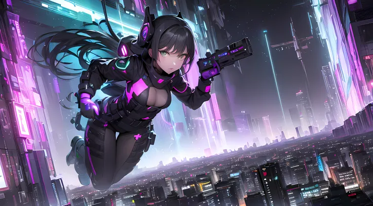 (((masterpiece))), (((best quality))), ((ultra-detailed)), (highly detailed CG illustration), ((an extremely delicate and beautiful)),A cyberpunk girl on a sky-flying motorbike, flying through the air., (long shot), Unreal engine, In space, looking at cybe...