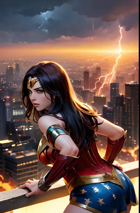 top-quality, ​masterpiece, Detailed illustration images, High-density images, Photorealsitic, American Movies, Wonder woman, Confronting Evil, The background is a ruined city, Flash from above, Intense lightning