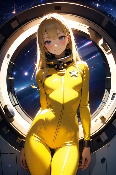 (masterpiece, best quality:1.2), (cowboy shot:1.1), solo, 1girl, mori yuki, slight smile, closed mouth, looking at viewer, blonde hair, thigh gap, yellow bodysuit, skin-tight, perfect body, belt, large window, (starship porthole:1.3), from front, (spread l...