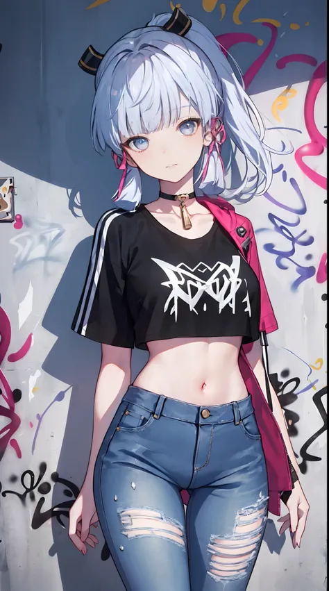 kamisato ayaka|genshin impact, master-piece, bestquality, 1girls,30 years old, proportional body, Big legs, Beautiful, proportional., crop top, Long Jeans, mediuml breasts, ,bara, crop top, choker, (Graffiti:1.5), Splash with purple lightning pattern., arm...