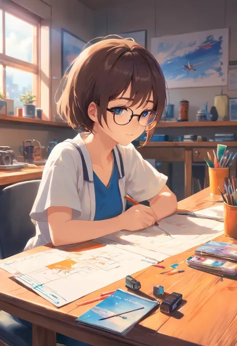 There is a camera on the table，big breasts and big breasts（（（Model aircraft））），VR glasses on the table，Room design drawings，Theres a lot of paint on it, Detailed painting 4 K, Realistic digital painting, overdetailed art. Digital SLR, high quality digital ...