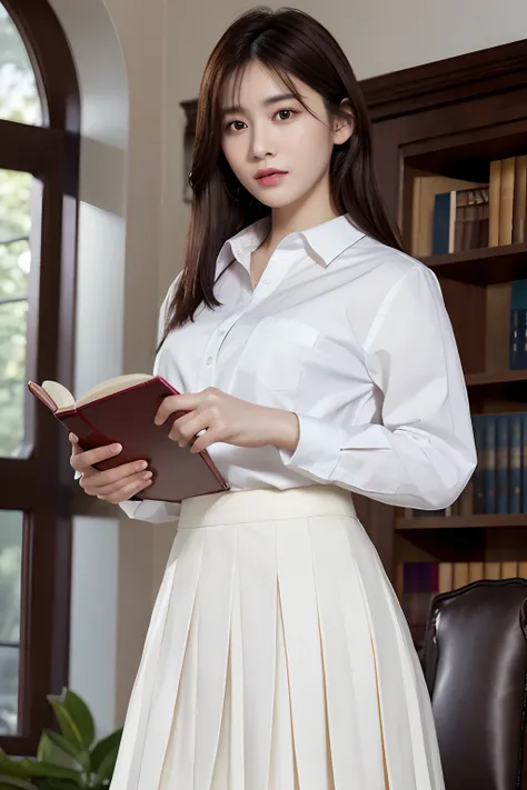 ​masterpiece, top-quality, 超A high resolution, (Photorealsitic:1.4), beautiful  lighting, Raw photography, Super Detailed Face, Realistic lightning, beautiful a girl, Sweet girl, ((Wearing a white shirt and a long pleated skirt)), atlibrary, longshot, full...