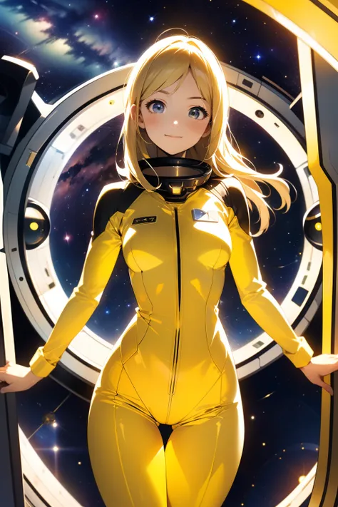 (masterpiece, best quality:1.2), (cowboy shot:1.1), solo, 1girl, mori yuki, slight smile, closed mouth, looking at viewer, blonde hair, thigh gap, yellow bodysuit, skin-tight, perfect body, belt, large window, (starship porthole:1.3), from front, (spread l...