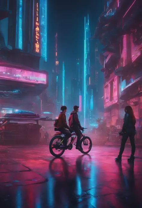 "Describe a vivid and detailed scene in which an 18-year-old boy and a girl, both dressed in futuristic cyberpunk fashion, ride their high-tech bicycles through a neon-lit cityscape on a surprisingly beautiful day."