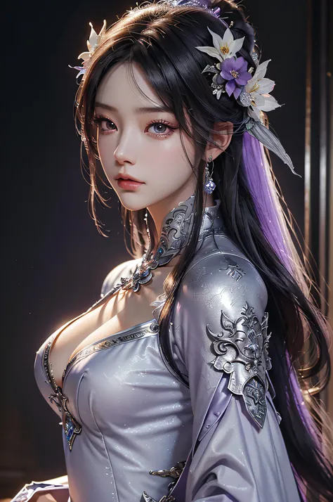 Close-up of a woman in a silver-purple dress, chengwei pan on artstation, by Yang J, detailed fantasy art, Stunning character art, Fanart Meilleure ArtStation, epic exquisite  character art, Beautiful armor, Extremely detailed Artgerm, Detailed digital ani...