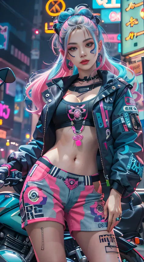 Masterpiece, Best quality, Confident cyberpunk girl, Full body shot, ((Stand in front of the motorcycle)), Popular costumes in Harajuku style, Bold colors and patterns, Eye-catching accessories, Trendy and innovative hairstyle, Vibrant makeup, Cyberpunks d...