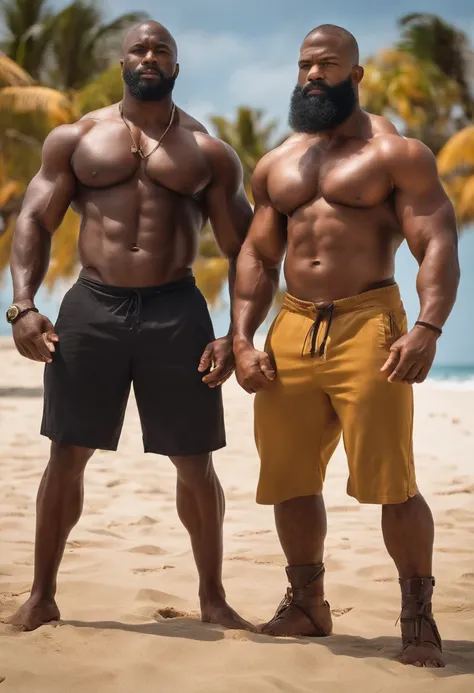 (((2heads))), muscle man, Black, buzz cut, African American, big pecs, big biceps, full body, beach background, no shirt, big bulge, speedo, long beard, big thick beard, hyper real