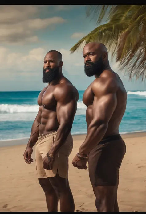 (((2heads))), muscle man, Black, buzz cut, African American, big pecs, big biceps, full body, beach background, no shirt, big bulge, speedo, long beard, big thick beard, hyper real