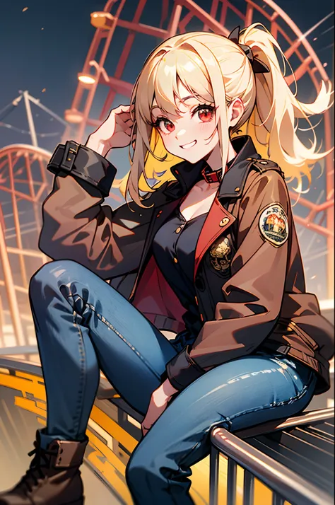 Beautuful Women、 Young handsome girl, small tits, Blonde Hair Ponytail、Red Eyes:1.2, Sexy Girl, professional attire:1.3, 18 years old: 1.1, Detailed Red Riders Jacket:1.2、Blue collar shirt, Skinny denim pants:1.2, Leather boots, Beautiful detailed skin, Cu...