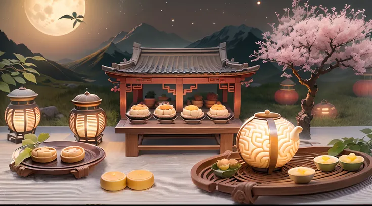 (Best quality,4K,8K,A high resolution,Masterpiece:1.2),Ultra-detailed,(Realistic,Photorealistic,photo-realistic:1.37),Have a picnic in the moonlight,Outdoor night view,Fun family gathering,Bonding moments,Delicious mooncakes,(Bright full moon),Caring famil...