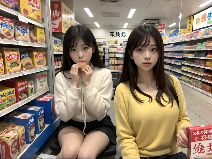 Slurping noodles , 5girls ,Everyone is 27 years old Japan Urzan, Lawsons stuff, Inside a convenience store, Sitting,a person々It is overflowing with、High resolution, High quality, masutepiece、full house、submersion、flooding