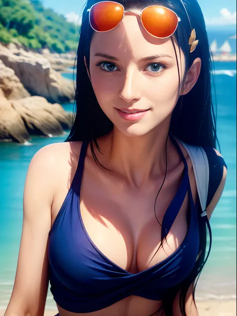 (masterpiece, best quality:1.4), (face focus:1.4), (at beach), EdobNicoRobin, black hair, long hair, solo, medium breasts, (smile), sunglasses, blue eyes, eyewear on head, cleavage, closed mouth, hair slicked back, jewelry, collarbone, swimsuit, crop top, ...