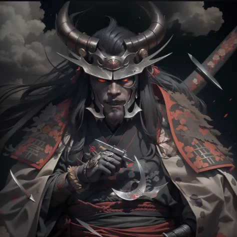 （They are samurai），（Wearing a demon mask），Solo，Upper body ，（long armament, sharp knife），magnificent artwork，（（Kyoto panel painting style）），Wind-effect：1.9，Cloud Effect：1.2，Full Rendering，Caustic soda coating, a dark night