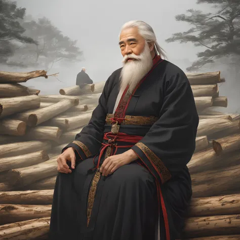 The long, black-bearded Arad man sits on a pile of logs, portrait shooting, very long black beard and hair, An old man, Taoist master, chinese artist, portrait of monk, Wise old man, Lu Ji, relaxed dwarf with white hair, matte painting portrait shot, long ...