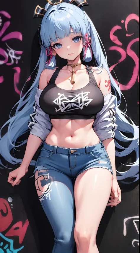 kamisato ayaka|genshin impact, master-piece, bestquality, 1girls,25 years old, proportional body, elongated legs, Beautiful, proportional., crop top, Long Jeans, gigantic breasts, ,bara, crop top, choker, (Graffiti:1.5), Splash with purple lightning patter...