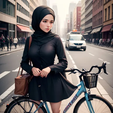 "Craft an ultra-realistic, ultra HD description of a 28-year-old woman cycling gracefully along a vibrant city street, capturing every nuanced detail of her surroundings and her own presence." Wearing hijab, complete Muslim dress.