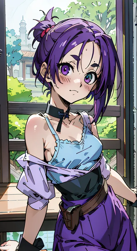 Masterpiece, Best quality, Ultra-detailed, Off-the-shoulder attire, Colorful,take up close, Hyper-detailing，purple color hair, reo mikage, bluelock, no sleeves, camisole, blue camisole, cheongsam, chinese clothes, chest exposure, underwear, the kinky is ex...