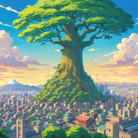 The tree々ha、It is in the foreground of a city with mountains in the background, Tokyo city in the background, TOKYOcty, tokyo prefecture, japanese city, golden hour in tokyo, tokyo in the background, Japan, tokyo prefecture, tokio futuristic in background,...