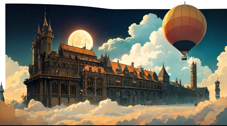 (white background,Leave blank all around,Howls Moving Castle:1.35),(Intricate steampunk castle in the sky,the castle castle suspended in the air,cloud,fullmoon,giant sun,Day and night alternate,with the sun and moon in the same sky:1.45),trippy gorgeous su...