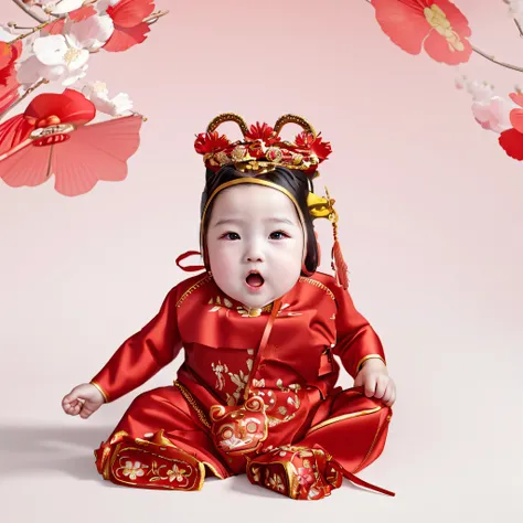 Baby in red Chinese costume sitting on floor, Traditional Chinese clothing, Chinese traditional, with acient chinese clothes, Chinese costume, Wearing a red cheongsam, Chinese girl, Chinese dress, portrait shooting, wearing red attire, Chinese style, kid, ...